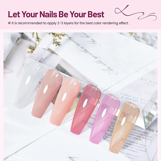 Jelly Nail Polish Set 6 Colors White Pale Red Soft Pink Natural Nude Pale Purple Fresh Pink Purple All Seasons Neutral Color Quick Dry Nail Polish Set for Women Salon DIY Nail Art