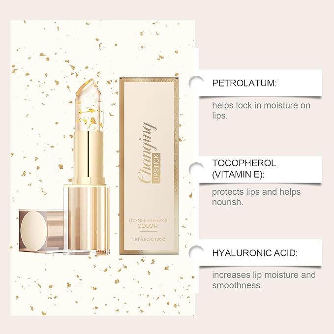 Color Changing Lipstick with Gold Foil, Long Lasting Waterproof Moisturizing Gloss, PH Activated Lip Balm, Non-Sticky Clear Lipstick for Women & Girls
