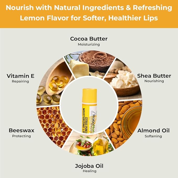 RaGaNaturals All Natural Lemon Moisturizing Lip Balm Gift Ornament for Holiday Stocking Stuffers, All Day Hydration, Original beeswax, Shea butter, Jojoba oil, Vitamin E and Love - Pack of 4 Tubes