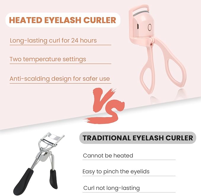 Electric Heated Eyelash Curler for Women – USB Rechargeable Heated Lash Curler with Quick Heat-Up, Multi-Temp Settings, 24H Natural Curl, Anti-Scald Silicone, Portable Makeup Tool, Pink