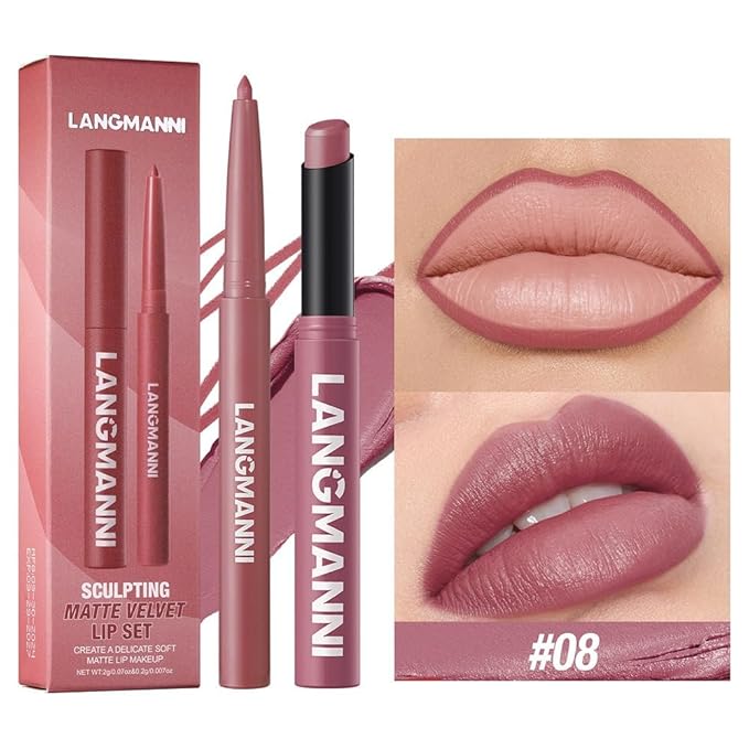 Lip Liner + Lipstick Set (12 Shades Available) -Matte Lipstick for Women, Silk Finish Hydration Lip Kit, Waterproof Smooth Creamy Texture, Bold to Nude Shades for Daily & Party Wear, Makeup Gift (08)