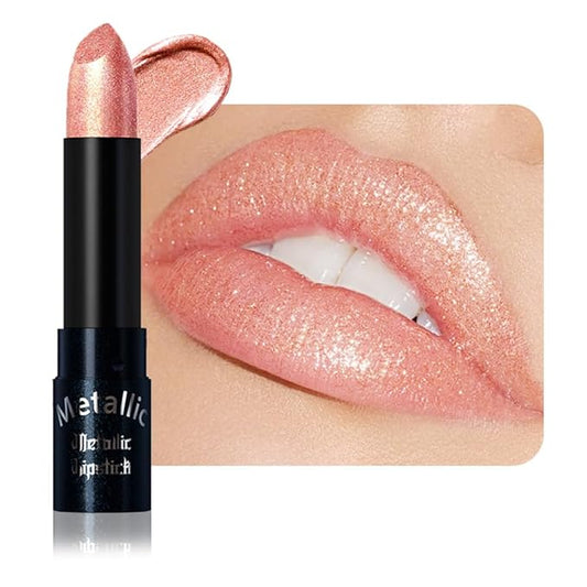 Nude Pink Metallic Lipstick for Women,Lightweight Non-Drying Shimmer Frosted Lipsticks,Glitter Lip Gloss Stain Long Lasting Waterproof No Smudge Proof No Transfer 12 Hour,Cruelty-Free Makeup