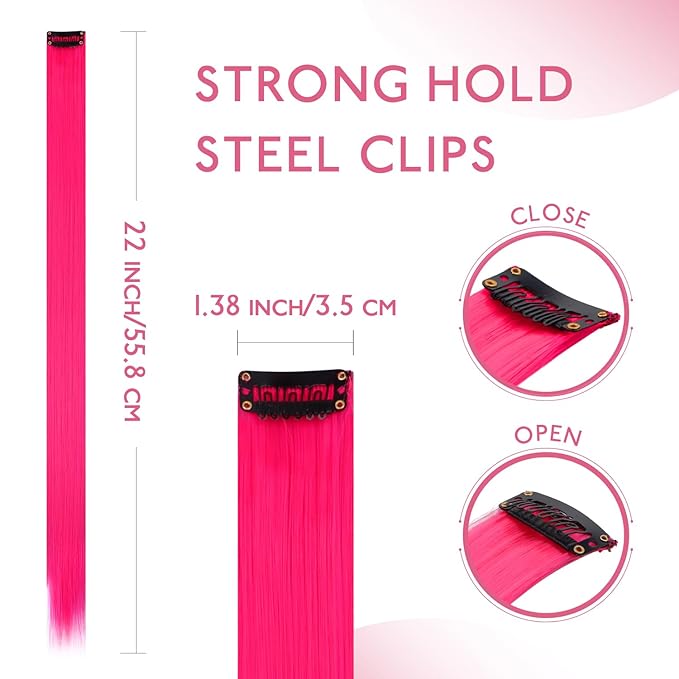 WENNALIFE 12 PCS Hot Pink Hair Extensions Clip in, Colored Clip in Hair Extensions for Kids Highlights Rainbow Hair Clips for Girls Synthetic Straight Pop-up Style Colorful Girls Hair Accessories