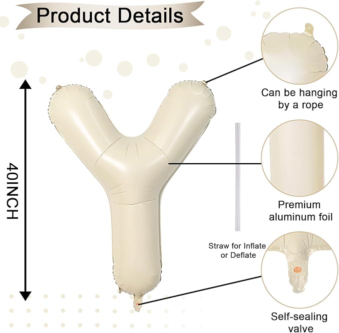 40 Inch Letter Balloons Y, Big Custom A-Z Alphabet Foil Name Balloon Cream White, Self Inflating Beige Customize Helium Balloon Letters Y for Women Girls Birthday New Year Baby Shower Party Decoration