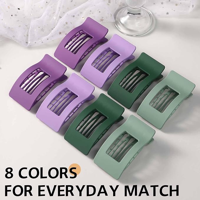 8 Pack French Flat Hair Clips for Women – Large Matte No-Slip Claw Barrettes for Thick & Thin Hair, Strong Hold Styling Accessories (Green and Purple)