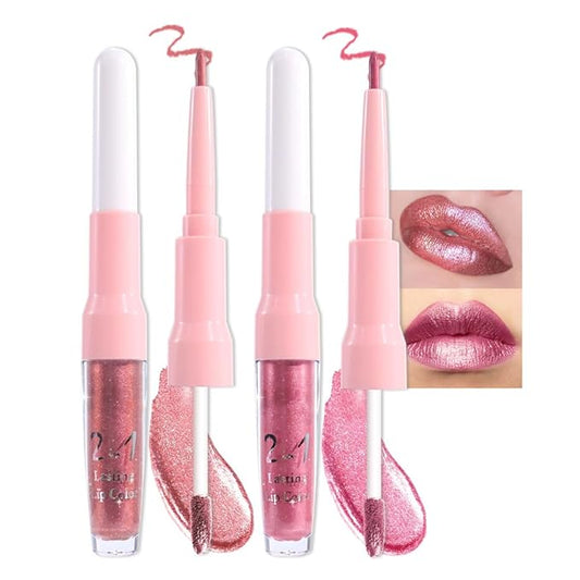evpct 2Pcs Pink Red Hot Pink Metallic Glitter Lip Liner and Lipstick Combo, Shimmery Lip Gloss Stain Set Makeup for Women Long Lasting Waterproof 24, Metallic Shimmer Iridescent Glossy Liquid Lipstick