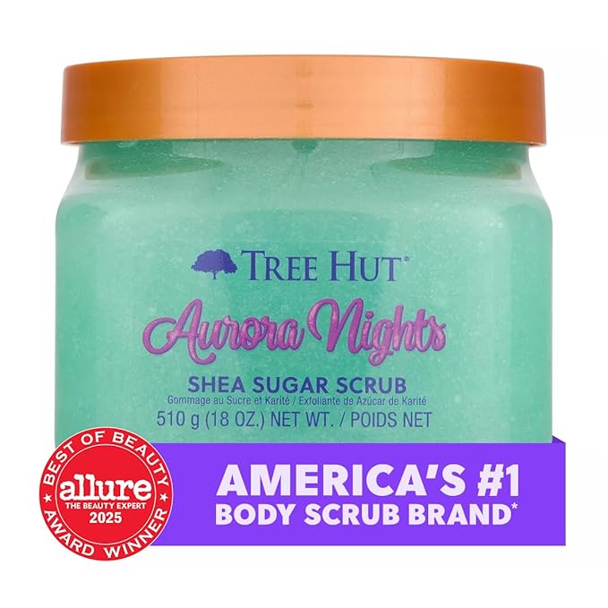 Tree Hut Aurora Nights Shea Sugar Scrub, Exfoliating, Hydrating & Moisturizing Body Scrub with Shea Butter & Nourishing Essential Oils, Smooth & Soften Skin, 18 oz