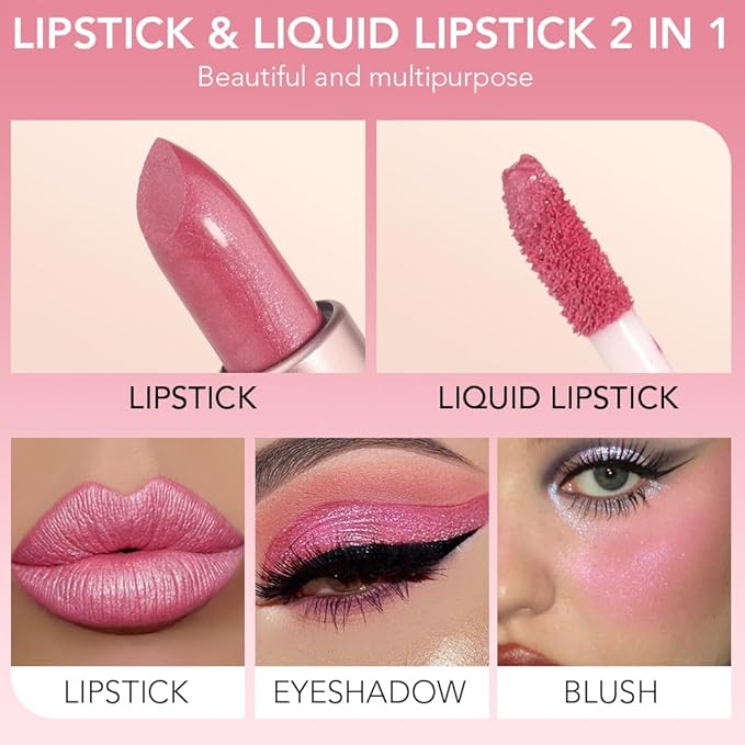 evpct 2 in 1 Rose Pink Glitter Metallic Shimmer Diamond Lipstick and Lip Gloss Set for Women Long Lasting Waterproof, Baby Nude Pink Sparkle Glitter Shiny Lipstick and Lip Liner Makeup Set, 06#