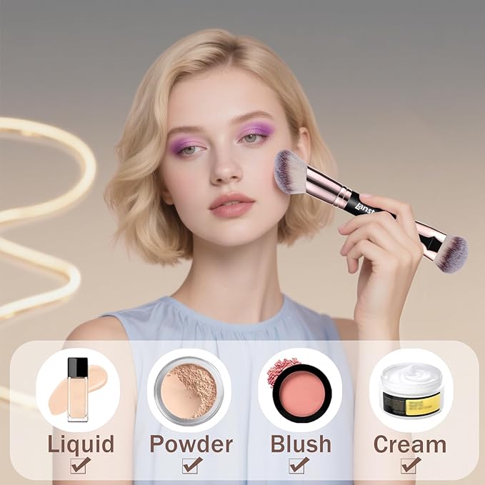 Dual-Ended Foundation Contour Brush - Professional Kabuki Face Blending Makeup Brush for Bronzer, Liquid, Cream, Powder, and Blush