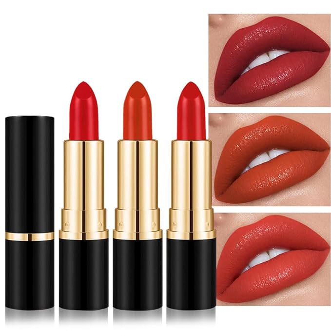 evpct 3Pcs Silky Creamy Matte Lipsticks Set for Women, Orange Ruby Cherry Red Matte Lipstick Lip Blam Sticks Long Lasting Waterproof, Lightweight and Hydrating Moisturizing Lipstick 24 Hour Originales