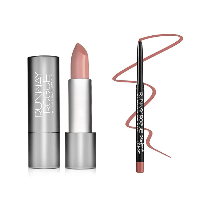 Runway Rogue ‘Guest List’ Matte Nude 90s Vibe Lipstick Bundle with ‘Nude Awakening’ Spiced Nude Designer Liner Lip Liner Pencil and Sharpener
