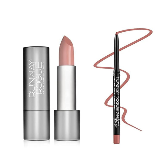 Runway Rogue ‘Guest List’ Matte Nude 90s Vibe Lipstick Bundle with ‘Nude Awakening’ Spiced Nude Designer Liner Lip Liner Pencil and Sharpener