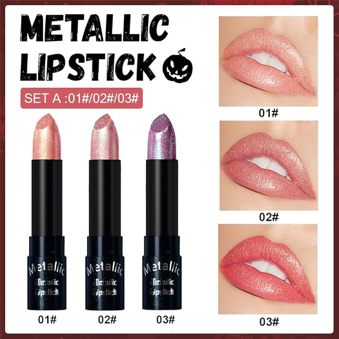 3Pcs Metallic Lipstick for Women,Lightweight Non-Drying Shimmer Frosted Lipsticks Kit Set,Glitter Lip Gloss Stain Long Lasting Waterproof No Smudge Proof No Transfer 12 Hour,Cruelty-Free Makeup (A)