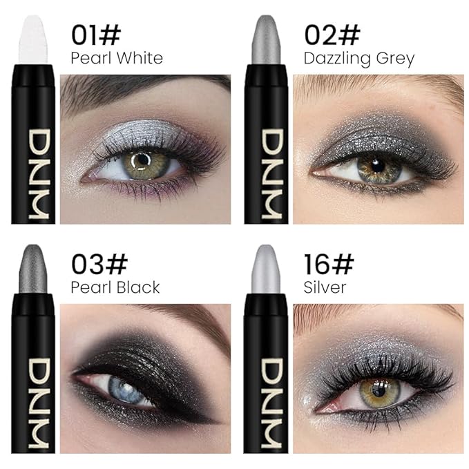 evpct 4Pcs White Black Grey Silver Cream Eyeshadow Pencil Bulk Stick Set, Waterproof Pearl white Dazzling grey Pearl black Silver Shimmer Metallic Eye shadow Crayon Stick sombras en crema para ojos