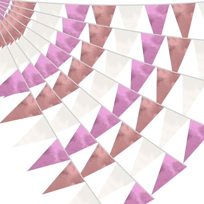 20M/65FT Rose-Gold Pink Triangle Pennant Banner Flag Metallic Fabric Bunting Garland for Christmas Graduation Wedding Engagement Anniversary Bachelorette Birthday Bridal Shower Hen Party Supplies