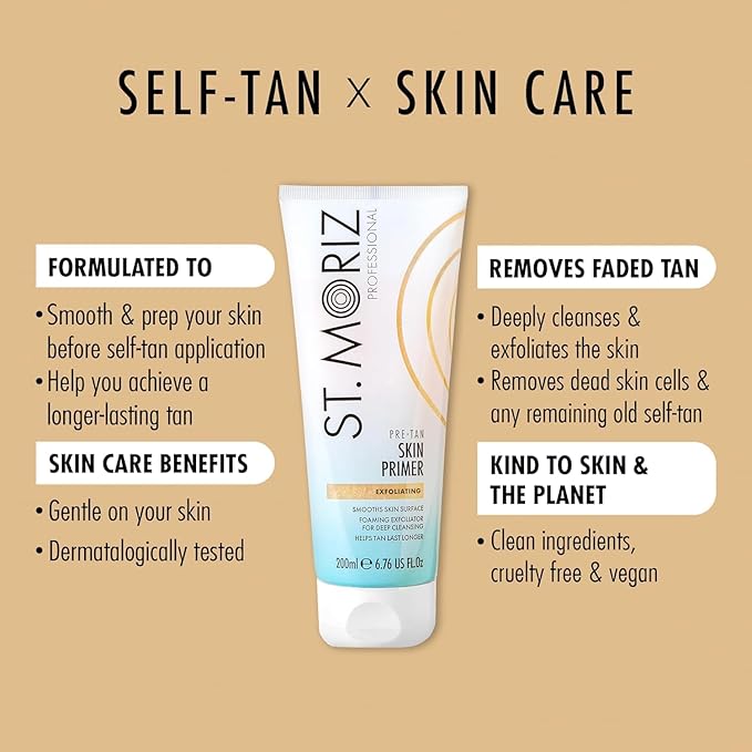 St Moriz Pre-Tan Skin Primer for Self Tanner- Exfoliating Fake Tan Primer - Preps & Primes Skin for Long-Lasting - Deep Cleansing Foaming Exfoliator for Self Tan (6.76 fl oz)