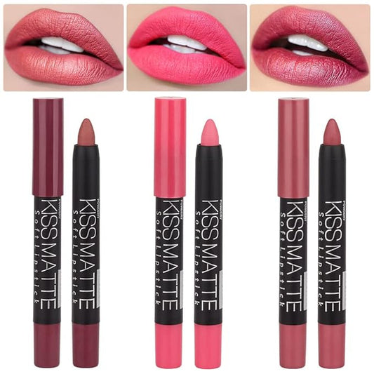 BINGBRUSH 3 Colors Longwear Lipstick Pack Set, Matte Color Stick Ultimate Lip Crayon for Makeup Collection - Nourishing Waterproof Velvet Lipgloss Lip Stain (01# 04# 07#)