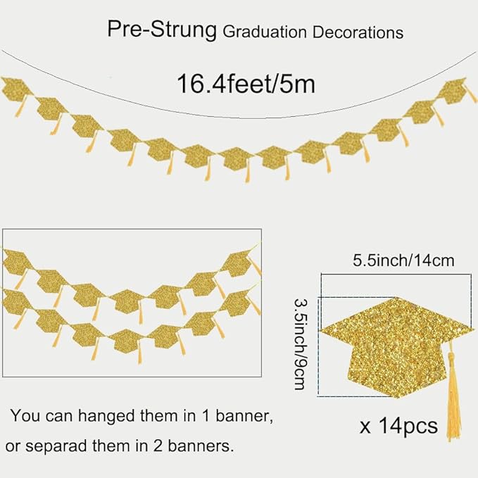 2025 Graduation Hats Decoration Banners Gold Glitter Graduation Cap with Tassel Banners Garlands Class of 2025 Graduate Party Banners for College High School Party Decorations