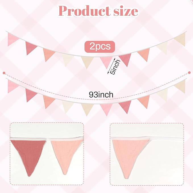 2PCS Pennant Banner Flags, Fabric Bunting Banner Nursery Garland Decor, Baby Shower Garland, Triangle Flags for Baby Boy Room, Playroom, Boho Birthday Party Decor, Each 7.75 ft (Pink Beige)