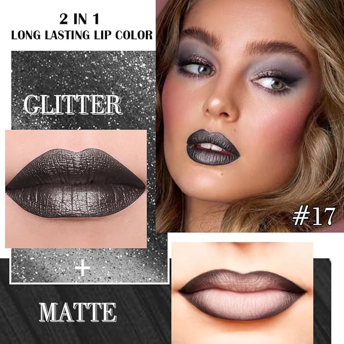 Kaely 2-in-1 Black Coal Metallic Lipstick and Lip Liner, Shimmer Liquid Metallic Lipsticks for Women, Glitter Lip Gloss Stain Long Lasting Waterproof Smudge Proof 24 Hour, Vegan Makeup, 17