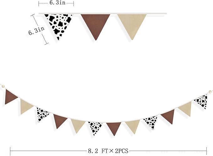 2 Sets of Cow Party Decorations Nursery Garland 24Pcs Brown Western Cowboy Fabric Linen Baby Banner Triangle Pennant Flags for Cowgirls Rodeo Birthday Country Baby Shower Derby Day Go Wild West Decor