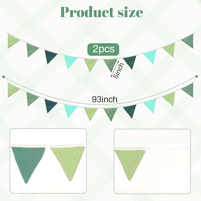 2PCS Pennant Banner Flags, Fabric Bunting Banner Nursery Garland Decor, Baby Shower Garland, Triangle Flags for Baby Boy Room, Playroom, Boho Birthday Party Decor, Each 7.75 ft (Blue Green)