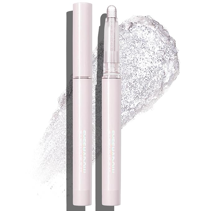 Glitter Eyeshadow Stick Metallic Chrome Finish, Shimmer Cream White Eye Shadow Stick Long Lasting Color Sparkle Multi-Use Eye Brightener Highlighter Makeup Blendable Eyeliner Pencil, 8#