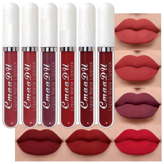 evpct 6Pcs Lipstick Matte Liquid Lipstick Lipgloss Set for Women, Dark Deep Bright Ruby Sexy Brick Red Mauve labiales mate 24 horas originales matte larga duracion 24 Hour Lipstick Long Lasting