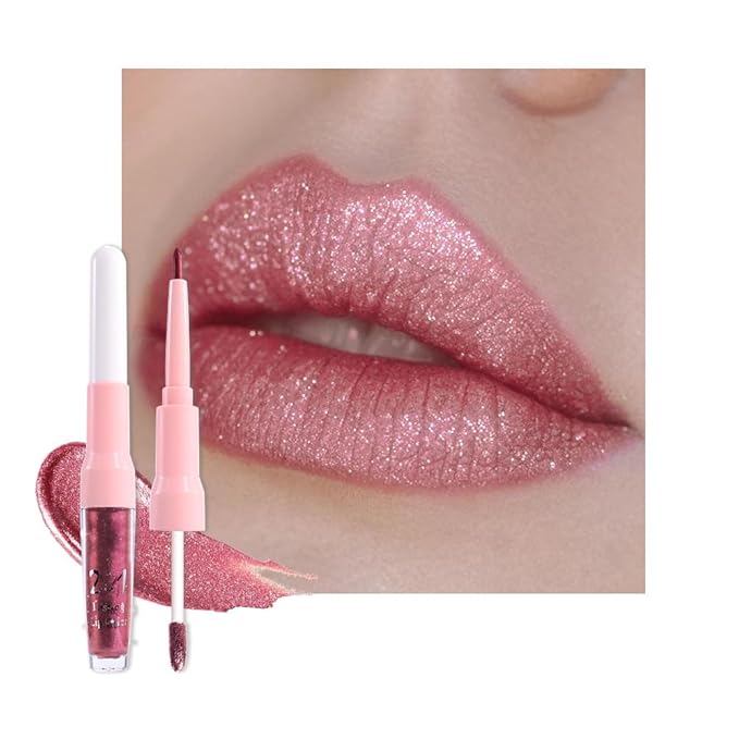 evpct Light Plum Red Metallic Glitter Lip Liner and Lipstick Combo Lip Gloss Stain Set Makeup for Women Long Lasting Waterproof 24, Non Stick Cup Metal Shine Shiny Shimmer Iridescent Liquid Lipstick