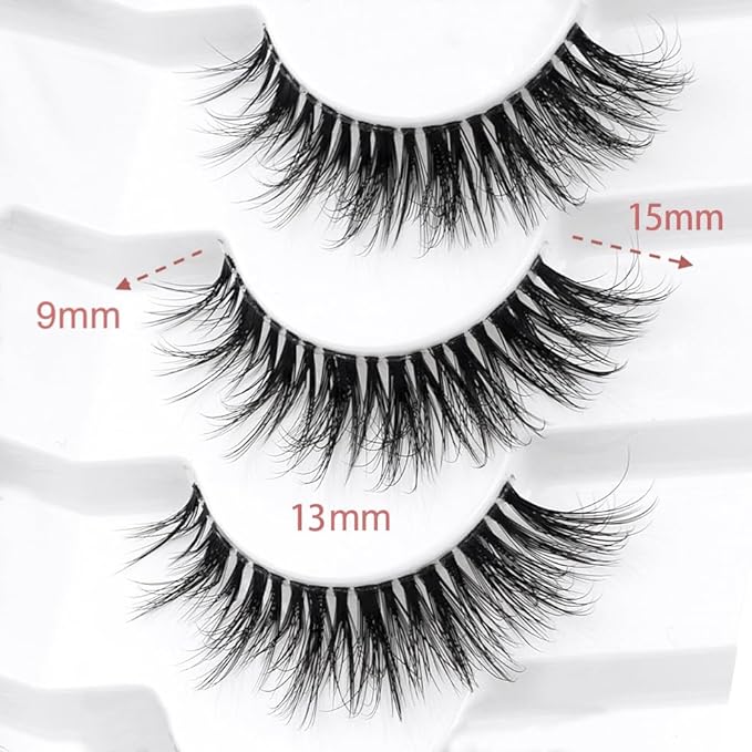 3D Clear Band Lashes 14mm Natural Soft Faux Mink Lashes C/D Curl Cat Eye Wispy Fake Eyelashes Short Cross Reusable False EyeLashes 7 Pairs (No.219)