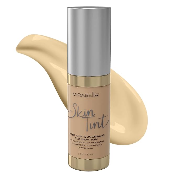 Mirabella Skin Tint Creme Liquid Foundation Makeup, Oil-Free Mineral Foundation for Medium Coverage - w/Hyaluronic Acid, Squalane, & Allantoin for All Skin Types - IIW Warm