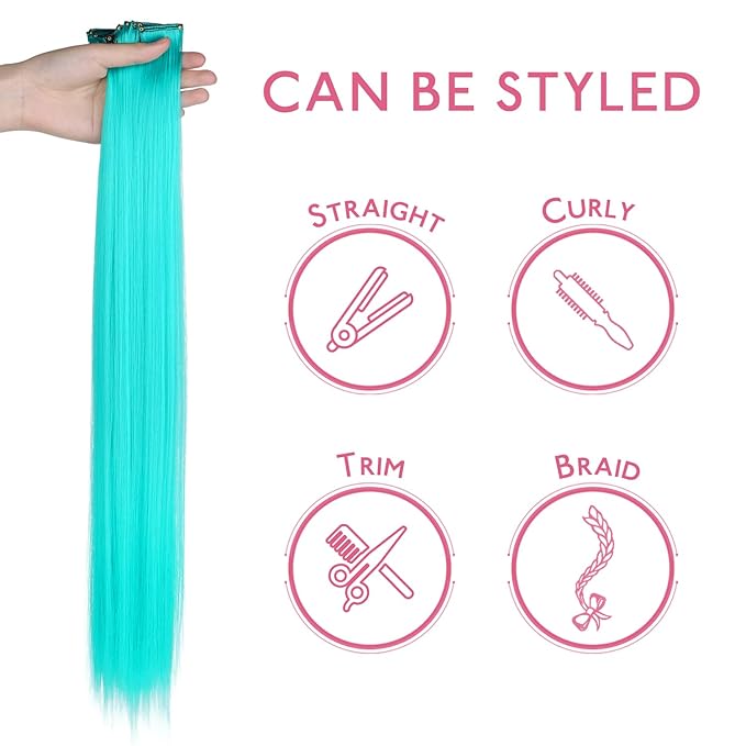 WENNALIFE 12 PCS Teal Hair Extensions Clip in, Colored Clip in Hair Extensions for Kids Highlights Rainbow Hair Clips for Girls Synthetic Straight Pop-up Style Colorful Festival Girls Hair Accessories