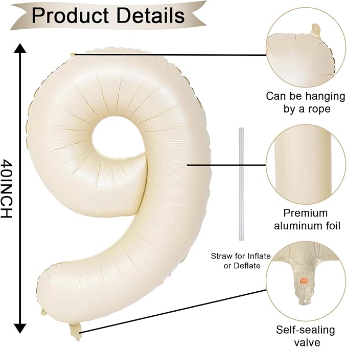 40 Inch Beige Numbers 9 Balloons, Large Self Inflating Cream White Digital 9 Helium Balloons, Giant Foil Mylar Number 9 Balloons for Women Men Girls Boys 9th Birthday Party Anniversary Decorations