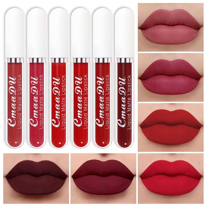 evpct 6Pcs Liquid Matte Lipstick Lipgloss Set for Women Dark Deep Bright Ruby Blood Brick Plum Mauve Rose Red labiales mate 24 horas originale matte larga duracion 24 Hour Lipstick Long Lasting