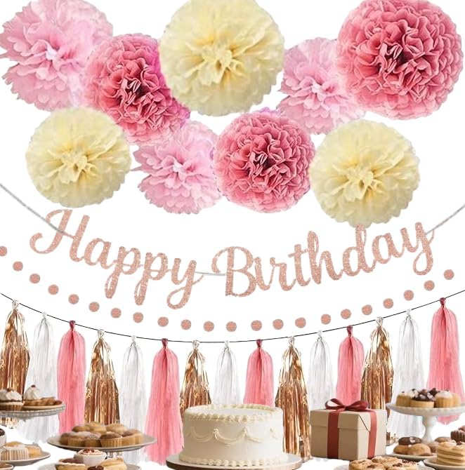 Pink Rose Gold Birthday Party Decorations Supplies Set,Happy Birthday Decoration Rose Gold Glittery Banner Tassel Garland Circle Dots Garland for Event Supplies