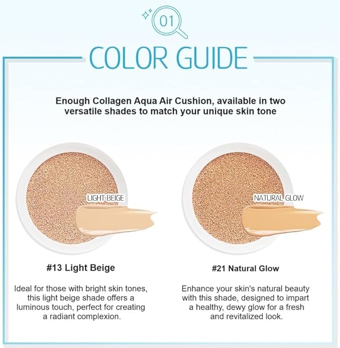 ENOUGH Collagen Aqua Air Cushion SPF 50, Full Coverage Hydrating Foundation Makeup, Tinted Moisturizer Sunscreen, Korean Skin Care Cosmetics for Women, Dewy Finish (#21 Natural Glow with Refill Set)