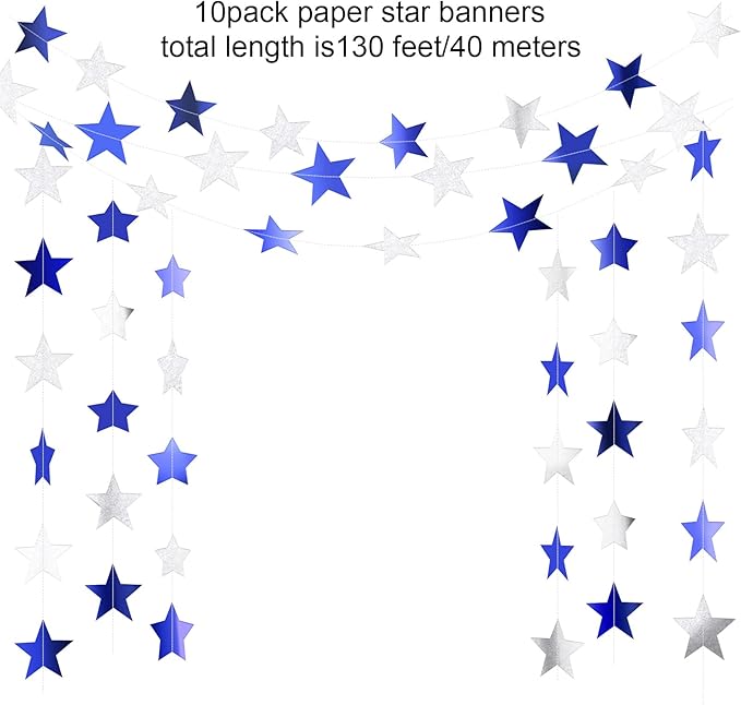 Patelai Glitter Star Garland Banner New Years Decor 130 Feet Star Hanging Banner Twinkle Backdrop for Birthday Classroom Wedding Halloween Christmas Party Supplies(Ocean Blue, Glitter Silver)