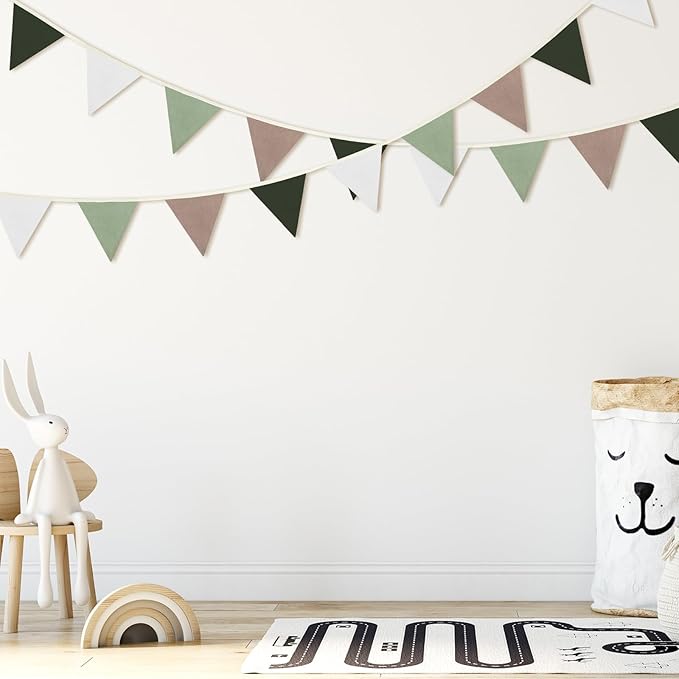 VitalCozy 17 ft Pennant Banner Flags, 2 Pcs Nursery Garland Triangle Bunting Flag Double Side Baby Banner for Boho Decor Baby Shower Birthday Wedding Party Event, Each 8.5 ft(Neutral Colors)