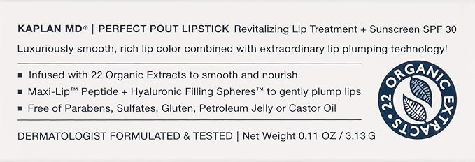 KAPLAN MD Perfect Pout Lipstick, Revitalizing Treatment + SPF 30 Sunscreen, 0.11 oz