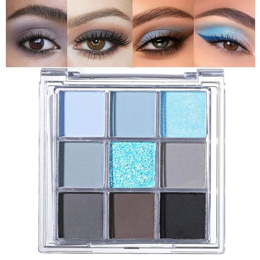 9 Colors Blue Grey Colorful Eyeshadow Palette,Matte Shimmer Navy Blue Sky Blue Grey Eye Shadow Makeup Palettes,Long Lasting Waterproof Eye Makeup Palette