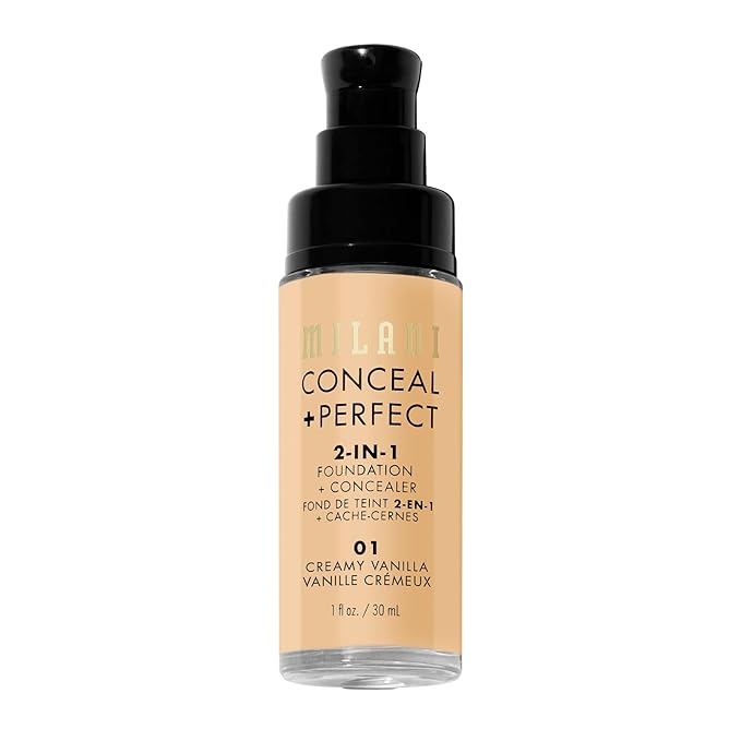 Milani Conceal + Perfect 2-in-1 Foundation + Concealer for a Flawless Complexion, Under Eye Corrector, Cover Redness and Imperfections, Waterproof and Sweatproof - Creamy Vanilla