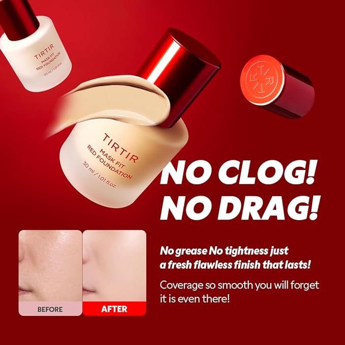 TIRTIR Mask Fit Red FoundationㅣLong Lasting Flawless Coverage, Energy Essence, Lightweight, Hydrating, Pore-Blurring, Breathable Satin Finish, Makeup, Radiant Skin, #24W Soft Beige, 1.01 Fl Oz