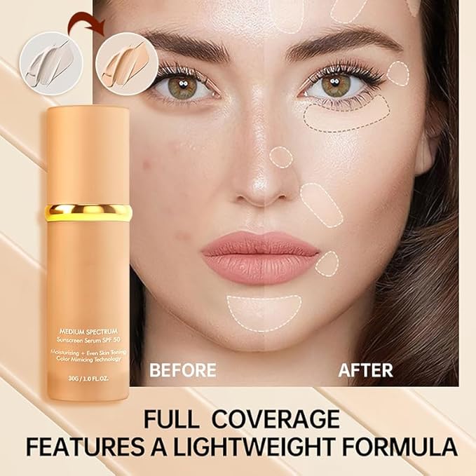4-in-1 Color-Changing Foundation Liquid with SPF50 Sunscreen, Concealing & Moisturizing & Long-Lasting, Waterproof and Smudge-Proof, Lightweight Application, Suitable for All Skin Types