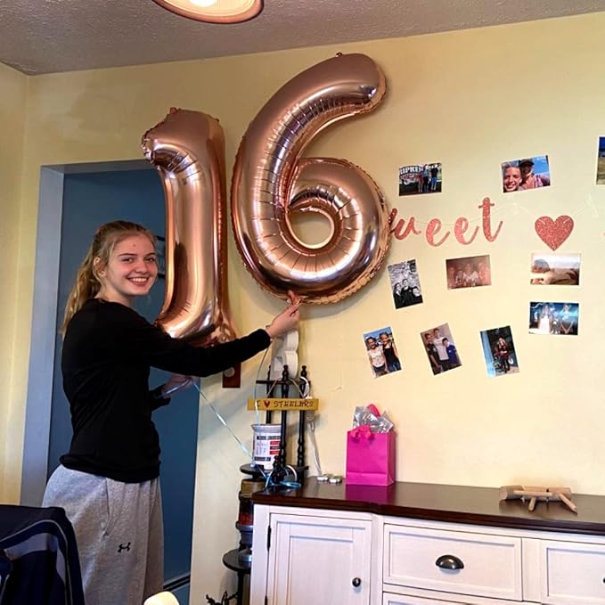 Rose Gold 1 Balloons, 40 Inch Giant Helium Foil Number 0-9 for Girls, Self Inflating Digit 1st Birthday Balloon for Women Anniversary Baby Shower New Year Engagement Party Decorations Supplies