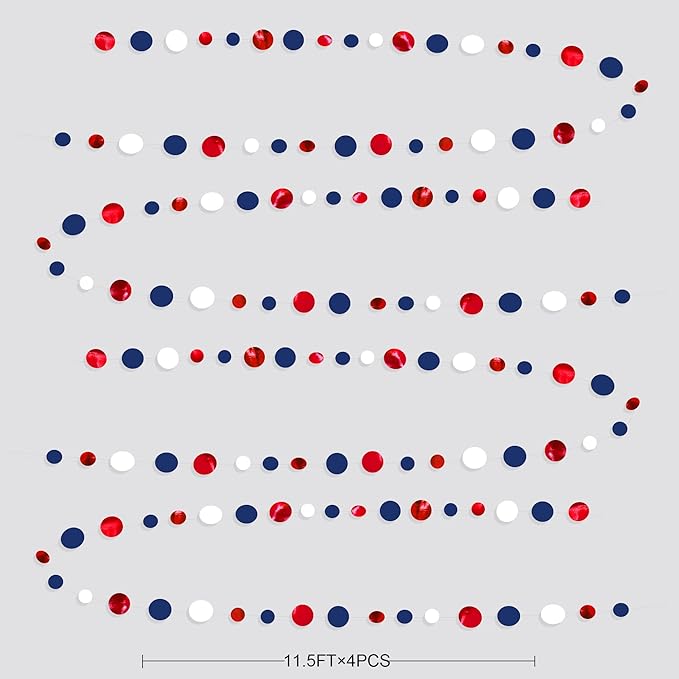 46 Ft Navy Blue Red White Circle Dots Garlands Royal Blue Red Hanging Paper Polka Dots Streamer for 4th of July American Independence Day USA National Day Patriotic Veterans Party Decorations Supplies