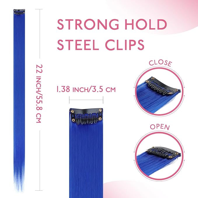 WENNALIFE 12 PCS Blue Hair Extensions Clip in, Colored Clip in Hair Extensions for Kids Highlights Rainbow Hair Clips for Girls Synthetic Straight Pop-up Style Colorful Festival Girls Hair Accessories