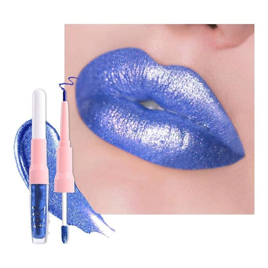 evpct Blue Metallic Glitter Lip Liner and Lipstick Combo Lip Gloss Stain Set Makeup for Women Long Lasting Waterproof 24, Non Stick Cup Metal Shine Shimmer Iridescent Liquid Lipstick 24
