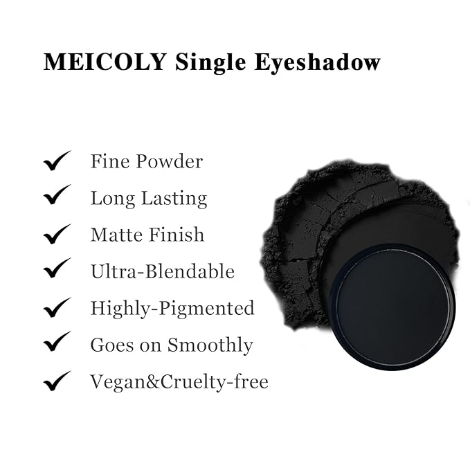 MEICOLY Black Eye Shadow with Mirror,Matte Single Eyeshadow for Halloween,Pressed Powder Eyeshadow Makeup,Matte Shade Eyelid Color Eye Makeup for Women,High Pigment,Long Wear,Waterproof,Intense Color