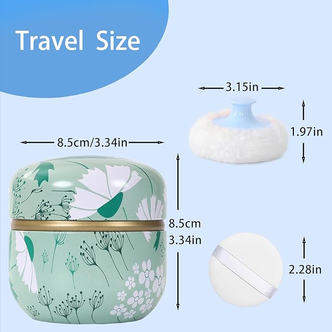 SHIMIDO Body Powder Puff and Container, 3.15" Portable Empty Powder Case Box with Lids for Baby, Women's, Travel and Home Use (White Flowers)