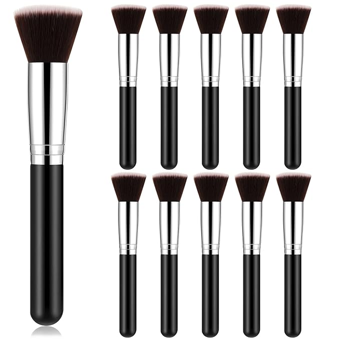 Tanlade 10 Pcs Makeup Brushes Bulk Flat Top Foundation Brush Liquid Cream Powder Foundation Contour Blush Concealer Eye Shadow Blending Liner Make up Kit for Wedding Artist(Black)